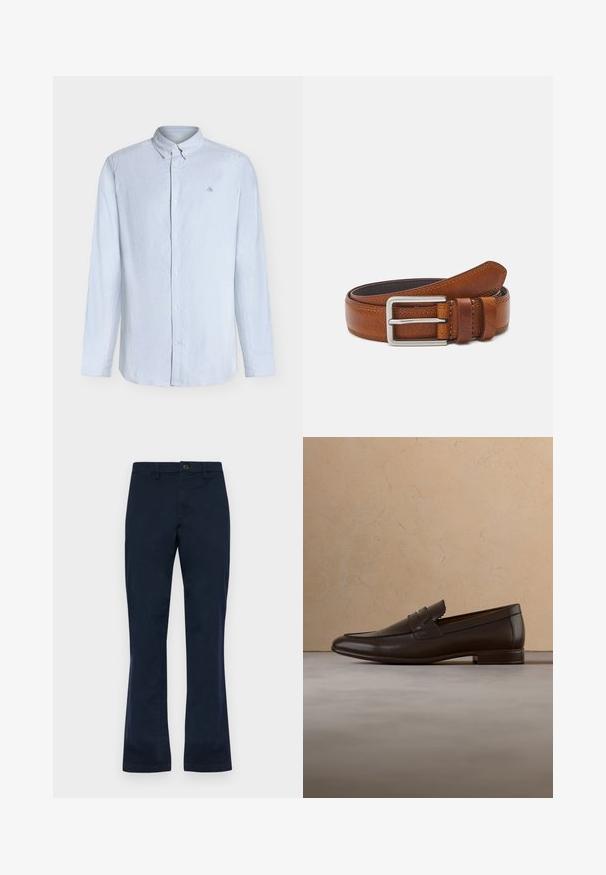 Chemise à manches longues à rayures bleu clair et blanc, à boutons, avec col boutonné et petit logo brodé sur la poitrine.; Pantalons en coton bleu marine avec une coupe droite, présentant une fermeture à bouton à l'avant, des passants de ceinture et deux poches latérales. Texture lisse.; Mocassin en cuir marron foncé flottant au-dessus d'un tapis beige avec un canapé courbé beige en arrière-plan.; Ceinture en cuir marron avec une texture lisse, boucle en métal argenté, bords cousus et un détail en boucle, présentant une extrémité effilée.