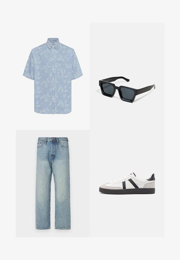 Hellblaues Kurzarmhemd mit weißem Blumenmuster, Knopfleiste vorne und einer Brusttasche. Hergestellt aus einem denimähnlichen Material.; Hellblaue Jeans aus Denim mit geradem Bein, fünf Taschen und bronzener Hardware. Minimale Ausbleichungen mit einem sauberen Finish.; Weiße Sneaker mit schwarz- und grau-aczenten, ausgestattet mit einer strukturierten grauen Zehenkappe, schwarzer Gummi-Sohle und flachen weißen Schnürsenkeln. Sauberes Design, minimalistische Stil.; Schwarze rechteckige Sonnenbrillen mit dunklen Gläsern. Dickes, glattes Kunststoffgestell mit leicht glänzender Oberfläche und geraden Bügeln.