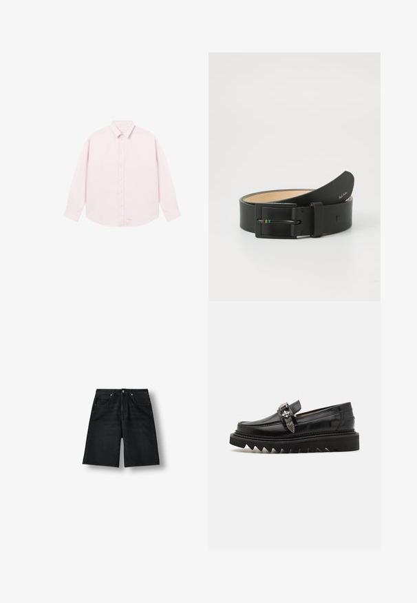 Ροζ πουκάμισο με μακριά μανίκια, γιακά, κουμπιά μπροστά και διακριτικό κεντημένο λογότυπο κοντά στο τελείωμα.; Μαύρα σορτς από τζιν μήκους μέχρι το γόνατο με μπροστινές τσέπες, θηλιές για ζώνη και κλείσιμο με κουμπί, εμφανίζονται σε λευκό φόντο.; Μαύρο δερμάτινο λουστρίνι με ασημένια μεταλλικά στοιχεία, ανυψωμένη αντιολισθητική σόλα σε ζιγκ-ζαγκ και κομψό, στρογγυλό σχέδιο. Λείο υφή και γυαλιστερό φινίρισμα.; Paul Smith MEN BELT STRIPE BUCKLE - Ζώνη - black