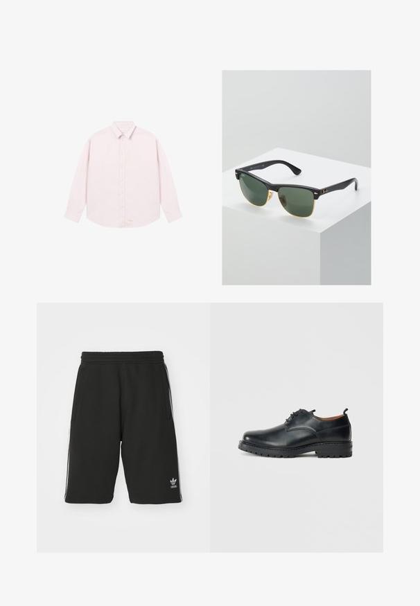 Chemise rose clair à manches longues avec col, boutons sur le devant et logo brodé subtil près de l'ourlet.; Shorts noirs en matière mélangée coton avec une taille élastique, présentant des bandes blanches sur les côtés et un petit logo en bas à gauche.; Chaussures derby en cuir noir avec une texture lisse, bout rond, design à lacets et une semelle en caoutchouc épaisse et robuste.; Lunettes de soleil Ray-Ban avec des verres verts, monture en plastique noir et accents dorés sur les bords. Forme carrée avec une finition mate.