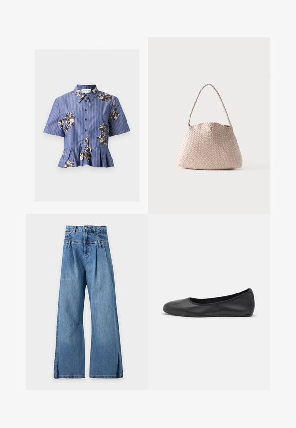 Blue short-sleeve button-up blouse with white pinstripes, floral sequin embroidery, a collar, and a pleated peplum hem.; Blue high-waisted wide-leg jeans with pleats below the waistband and subtle horizontal stitching at the thighs, displayed on a plain background.; Black leather ballet flat with a rounded toe, smooth texture, minimal stitching detail, and a flexible sole design.; Beige woven leather shoulder bag with a rounded shape and braided handle, featuring a small circular leather button closure.