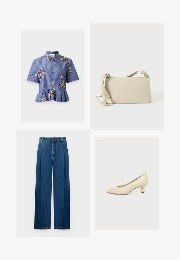 Blue short-sleeve button-up blouse with white pinstripes, floral sequin embroidery, a collar, and a pleated peplum hem.; Wide-leg denim trousers in dark blue, featuring front pleats, a button closure, and classic stitching along seams. Smooth texture throughout.; Cream-colored pointed-toe pump with a low, unique bulb-shaped heel on a plain white background.; Cream-colored leather shoulder bag with adjustable strap and flap closure, set against a plain white background.