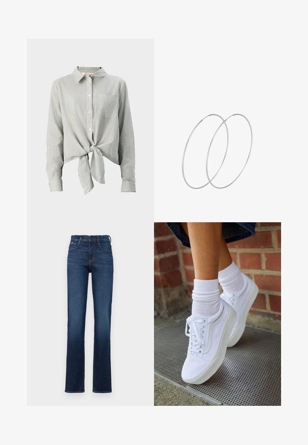 Knapp-shirt i grønne og hvide striber, med en sløjfe foran, lange ærmer og en brystlomme. Fremstillet af letvægtsstof.; Mørkeblå denimjeans med en tætsiddende talje, lige ben-design, fem-lomme stil og diskrete syninger. Klassisk knaplukning.; Hvide lærreds sneakers med gummisåler, der har seks snørehuller, rund tå og let sømdetaljer, krydret med hvide ankelstrømper.; Sølvøreringe med et minimalistisk design. Cirkulær form, glat tekstur og tynd profil. Letvægtige med en poleret overflade.