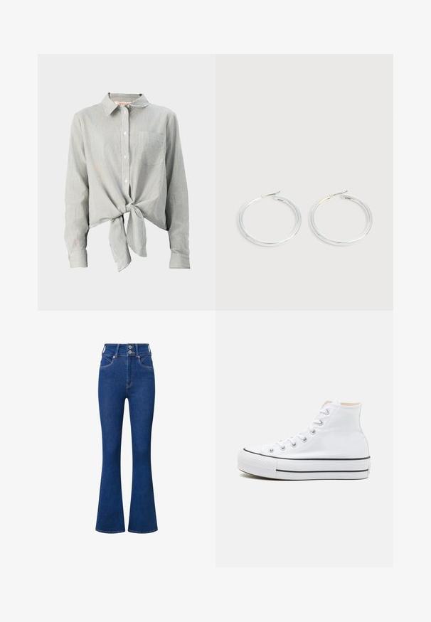 Knapp-shirt i grønne og hvide striber, med en sløjfe foran, lange ærmer og en brystlomme. Fremstillet af letvægtsstof.; Højtaljede flared jeans i mørkeblåt denim. Har to-knaps lukning, forlommer og subtile syninger langs sømme.; Hvide høj-top sneakers lavet af kanvasmateriale, sort gummisål og kontrasterende sort stribe på mellemsålen. Rund tåhætte og snørebåndsdesign.; Par skinnende sølvøreringe med tynde trådlåse, vist på en lys grå baggrund.