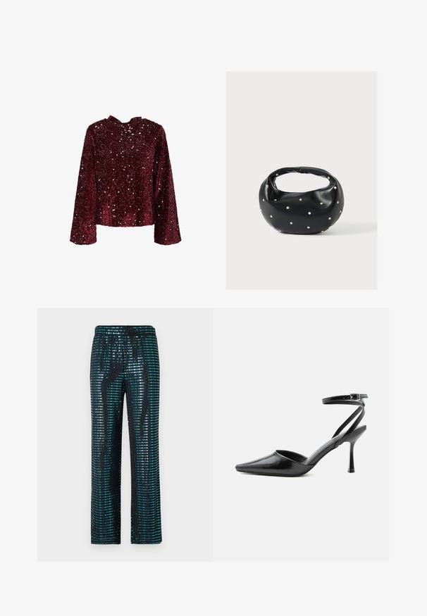 Top en sequins bourgogne avec des manches longues, un col rond et un détail en nœud en satin à l'arrière. Texture brillante avec des sequins sur toute la surface.; Pantalons noirs ornés de motifs en sequins turquoise et argent, avec une coupe large et une taille élastique.; Escarpin noir à bout pointu avec fines brides de cheville et fermeture à boucle argentée sur fond clair uni.; Sac à main en cuir noir de forme arrondie, décoré de clous argentés et équipé d'une poignée courte. Texture lisse et fermeture éclair.
