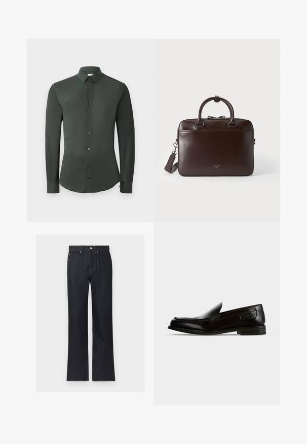 Mørkegrøn langærmet skjorte med klassisk krave, frontlukning med knapper og en glat stofstruktur. Har knapmanchetter og en skræddersyet pasform.; Mørkeblå jeans med lige ben, forlommer, knaplukning og synlige syninger på en ensfarvet lys baggrund.; Sort læder slip-on herresko med lav hæl og syninger på hvid baggrund, vist i sideprofil.; Mørkebrun lædertaske med to håndtag, en aftagelig skulderrem og et lille logo foran på en ensfarvet baggrund.