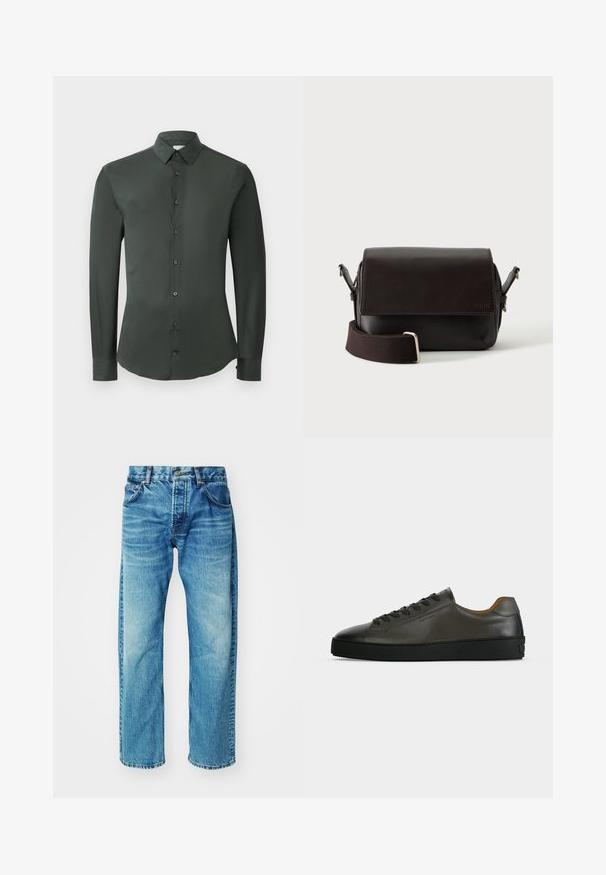 Donkergroene shirt met lange mouwen, klassieke kraag, frontsluiting met knopen en een gladde stofstructuur. Voorzien van knoopmanchetten en een getailleerde pasvorm.; Blauwe denim jeans met een ontspannen pasvorm, voorzien van vijf zakken, een knopenfly, subtiele vervaging en een licht afgeknipte zoom.; Donkergrijze leren lage sneaker met zwarte veters en zool, minimalistisch ontwerp, zijaanzicht op een effen lichte achtergrond.; Donkerbruine leren schoudertas met klepsluiting en verstelbare stoffen riem op witte achtergrond.