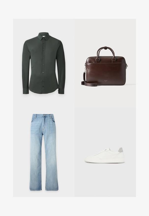 Dunkelgrünes Langarmhemd mit klassischem Kragen, Knopfverschluss vorne und glatter Stoffoberfläche. Mit geknöpften Manschetten und taillierter Passform.; Hellblaue gerade geschnittene Jeans aus Denim mit vorderem Knopf- und Reißverschluss, vorderen Taschen und Gürtelschlaufen, vor einfachem Hintergrund gezeigt.; Weißer Sneaker mit niedrigem Schaft, grauem Fersenlaschen, weißen Schnürsenkeln und einer strukturierten Sohle, dargestellt vor einem schlichten hellen Hintergrund.; Dunkelbraune Leder-Aktentasche mit doppelten Griffen und abnehmbarem Schulterriemen, rechteckige Form, glatte Textur und Vordertasche.