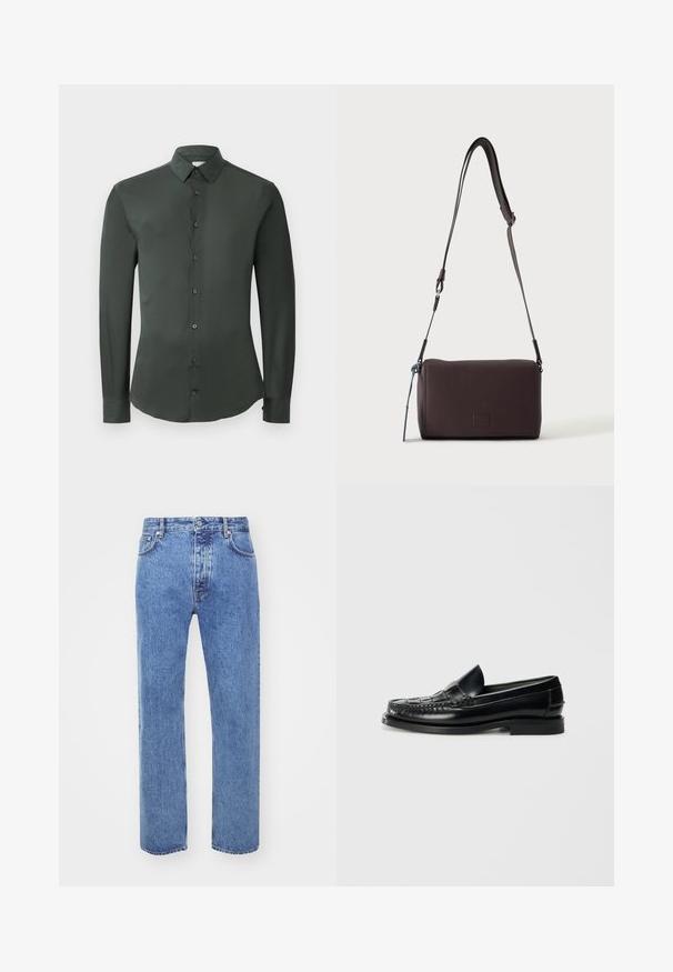Donkergroene shirt met lange mouwen, klassieke kraag, frontsluiting met knopen en een gladde stofstructuur. Voorzien van knoopmanchetten en een getailleerde pasvorm.; Won Hundred STEVE - Relaxed fit jeans - cut blue; Hereu NOMBELA - Instappers - black; Donkerbruine gestructureerde leren crossbodytas met verstelbare riem en klein decoratief blauw accent aan de zijkant.