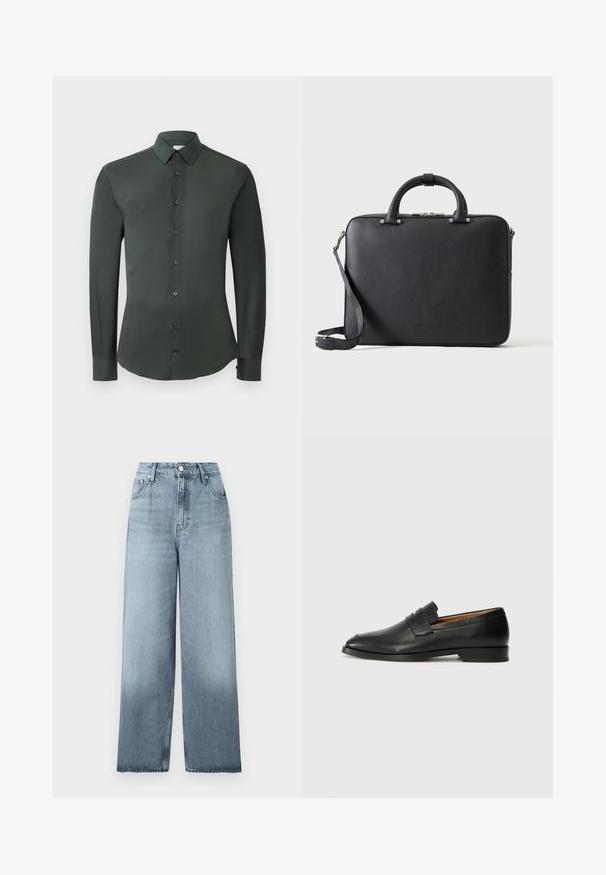 Donkergroene shirt met lange mouwen, klassieke kraag, frontsluiting met knopen en een gladde stofstructuur. Voorzien van knoopmanchetten en een getailleerde pasvorm.; Lichtblauwe high waist wijde jeans met knoop- en ritssluiting, voorzakken en riemlussen op een effen achtergrond.; Zwarte leren instapper met een ronde neus, subtiele stikdetails en een lage hak, met een gladde textuur en een minimalistisch ontwerp.; Zwarte gestructureerde leren aktetas met dubbele handvatten, afneembare schouderriem en bovenste ritssluiting op een effen lichte achtergrond.
