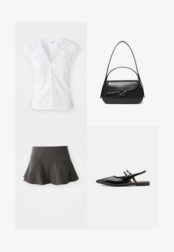 Haut blanc à manches courtes avec un décolleté en V profond, des détails froncés aux épaules et une couture centrale. Fabriqué en tissu lisse avec une silhouette ajustée.; Jupe noire évasée avec une taille ajustée, présentant des coutures verticales et une texture lisse. L'ourlet est légèrement incurvé et se situe au-dessus de mi-cuisse.; Des chaussures slingbacks en cuir verni noir présentent un bout pointu, deux sangles avec des accents de boucle, et une semelle plate.; Sac à bandoulière en cuir noir avec un rabat incurvé fermé par un fermoir métallique rond et une sangle fine et ajustable.