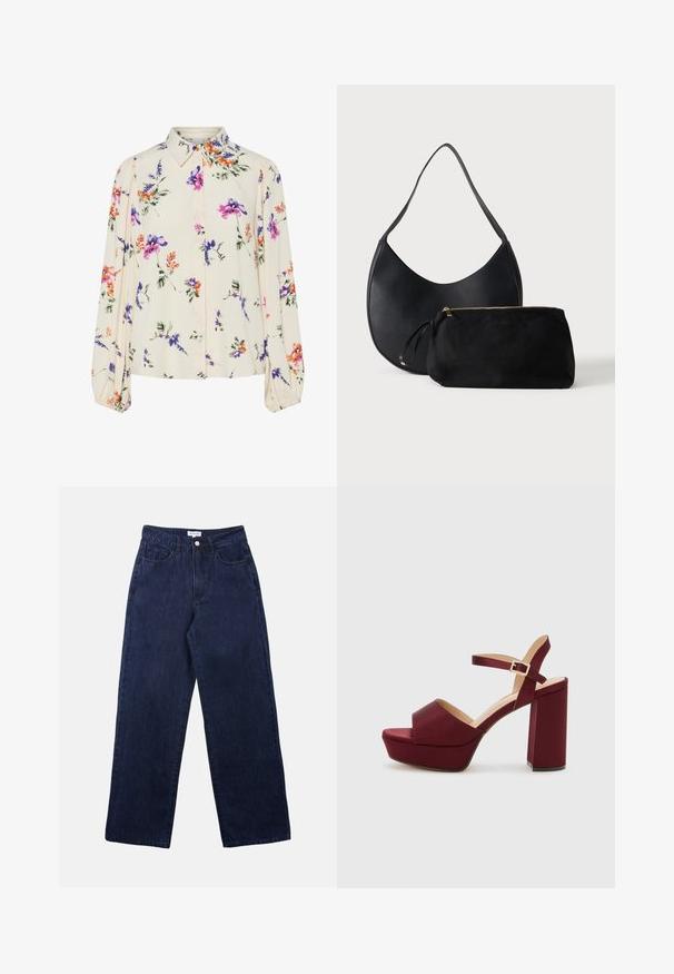 Blomsterbluse med lange puffærmer, lys cremefarvet base, prydet med lilla, orange og grønne blomster mønstre samt klassisk krave design.; Mørkeblå denimbukser med lige ben, der har en frontknaplukning, bæltestropper og to forlommer.; Bordeaux platformsandaler med åben tå, tykk blokhæl, ankelsnor og satinfinish. Har et crossover frontdesign.; Sort læder skuldertaske med buet form og matchende sort lynlåspung med guldfarvet lynlås på hvid baggrund.