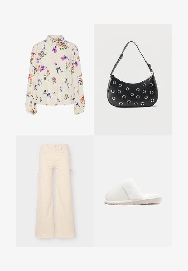 Blomsterbluse med lange puffærmer, lys cremefarvet base, prydet med lilla, orange og grønne blomster mønstre samt klassisk krave design.; Beige bukser med vide ben med lommer foran og bagpå, bæltestropper, knaplukning og en sideløjfe detalje på en ensfarvet baggrund.; Hvid tøffel med en blød imitation pels-strop, filt overdel, polstret sål og en struktureret gummibund for godt greb. Enkel, afrundet design.; Sort læder skuldertaske med justerbar rem, dekoreret med sølvfarvede metalnitter og lukning med øverste lynlås.