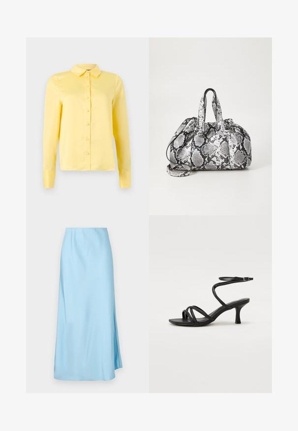 Blouse jaune à manches longues avec col, fermeture à boutons sur le devant et texture lisse. Design simple sans motifs ni accents.; Jupe midi bleu clair avec une texture lisse, dotée d'une légère fente latérale et d'une ceinture élastique pour le confort et la facilité de port.; Even&Odd Wide Fit by Zalando Sandales - black; Sac à main en motif peau de serpent noir et blanc avec deux poignées, une fermeture à cordon et une bandoulière amovible. Texture lisse.