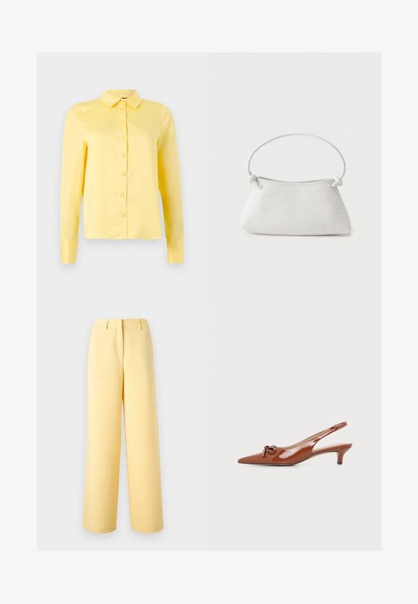 Blouse jaune à manches longues avec col, fermeture à boutons sur le devant et texture lisse. Design simple sans motifs ni accents.; Pantalon jaune taille haute à jambes larges avec passants de ceinture, couture avant et fermeture avant dissimulée sur un fond uni clair.; Escarpin à talon kitten slingback en cuir verni marron avec bout pointu et petit nœud décoratif sur le dessus.; Sac à main en cuir tressé blanc avec poignée arrondie et extrémités de lanière nouées, présenté sur un fond uni.