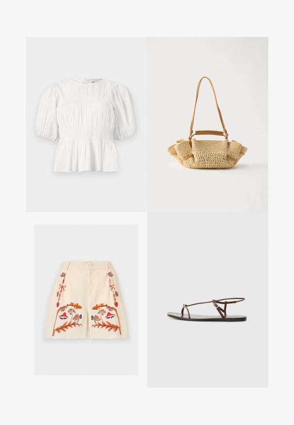 Blouse blanche avec manches trois-quarts bouffantes, corsage froncé et ourlet à basque, présentée sur un fond uni.; Shorts crème avec bouton devant, fermeture éclair, et motifs brodés symétriques floraux et champignons en orange, rose, bleu et marron.; Sandale en cuir marron avec des fines lanières, un accent circulaire doré et une semelle plate. Design minimaliste avec un détail de boucle réglable.; Sac à main beige tressé avec une longue lanière fine et des côtés froncés, avec une petite poignée enveloppée de cuir pour différentes options de port.
