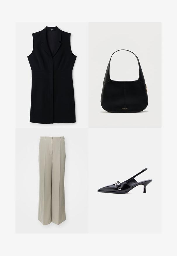 Robe blazer sans manches noire avec une coupe ajustée, dotée d'un col cranté et d'une fermeture frontale unique. Tissu lisse et design minimaliste.; Pantalons larges beiges fabriqués en tissu lisse, dotés d'une taille haute, de plis marqués et de deux poches avant.; Chaussure à talon bas en cuir verni noir avec bride arrière, bout pointu et détail boucle argentée sur fond blanc uni.; Sac à épaule en cuir noir à forme arrondie, avec une poignée courte et un design minimaliste. Présente une texture subtile et un accent logo doré.