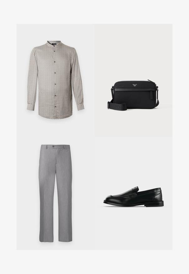 Chemise à manches longues dans un motif géométrique beige et noir, dotée d'un col montant et d'une fermeture à boutons, fabriquée dans un tissu léger.; Pantalons habillés gris sur mesure avec passants de ceinture, bouton frontal et braguette zippée, dotés d'une coupe droite.; Mocassin en cuir noir avec un petit talon, un bout arrondi et des détails cousus le long du bord supérieur.; Sac bandoulière rectangulaire noir avec poche avant zippée, sangle réglable et petit logo métallique en haut au centre.