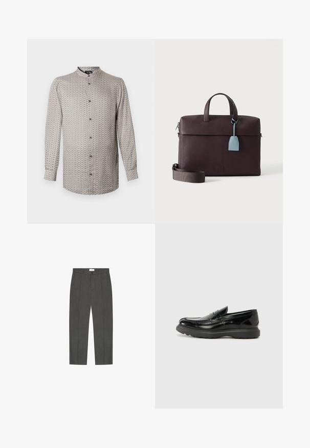 Chemise à manches longues dans un motif géométrique beige et noir, dotée d'un col montant et d'une fermeture à boutons, fabriquée dans un tissu léger.; Pantalon gris foncé sur mesure avec plis à l'avant, passants pour ceinture, poches latérales et fermeture par bouton et fermeture éclair.; Mocassin en cuir noir avec une finition brillante, bout arrondi, détails de couture subtils et semelle en caoutchouc épaisse pour la durabilité.; Serviette en cuir marron foncé avec poignées supérieures, bandoulière amovible et étiquette en cuir bleu clair suspendue à une poignée.