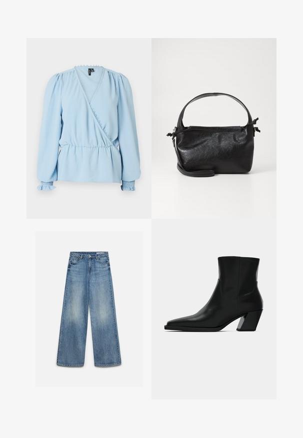 Blouse portefeuille bleu clair avec manches longues bouffantes, col à volants et taille froncée. Comprend des poignets smockés et un tissu doux et texturé.; Jean en denim bleu à jambes larges avec un effet délavé à l'avant, bouton avant, fermeture éclair et poches avant avec passants de ceinture.; Bottine en cuir noir avec un bout pointu, une silhouette élégante et un talon carré massif. Texture lisse avec des détails de couture minimalistes.; Sac à main en cuir noir au design structuré, avec une poignée arrondie et une bandoulière amovible. Présente une texture lisse et un éclat subtil.