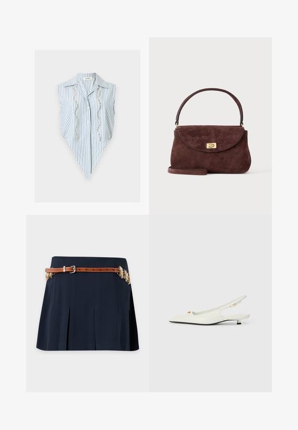 Blouse sans manches rayée verticalement bleu et blanc avec ourlet pointu, col, boutonnière devant et deux rangées verticales de perles argentées.; Jupe plissée bleu marine avec une fine ceinture marron et des ornements floraux dorés sur les côtés.; Chaussures slingback en cuir blanc avec un bout pointu, des accents en métal doré et un petit talon carré. Texture lisse avec des découpes décoratives.; Petit sac à main en daim marron avec un rabat courbe, une fermeture à tour dorée, une poignée courte et une bandoulière optionnelle sur un fond uni.