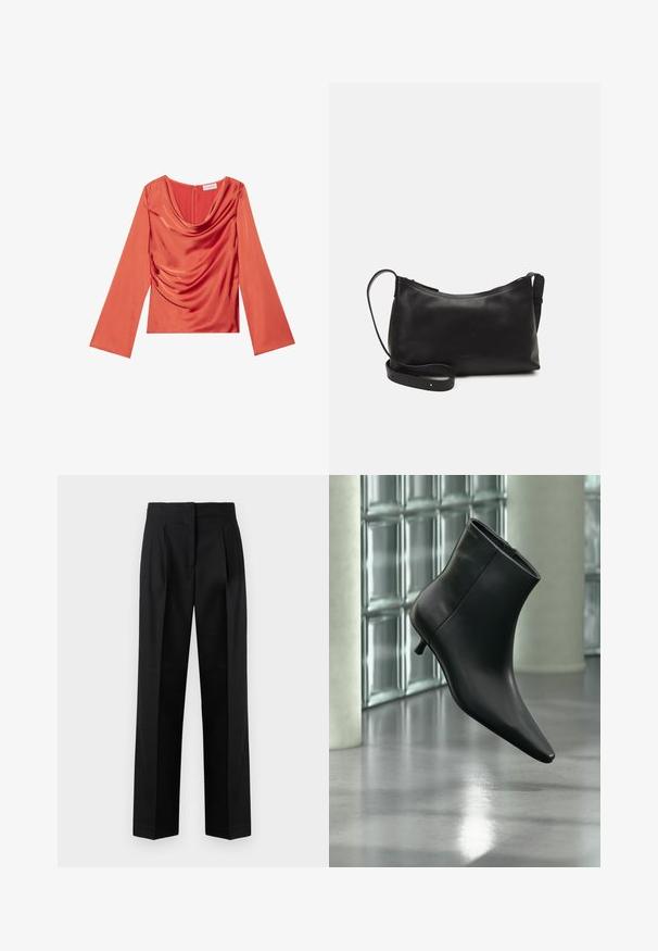 Haut en satin rouge avec de longues manches évasées et un décolleté drapé. Présente un léger ruché sur un côté et une fermeture éclair au dos.; Pantalon noir en tissu tissé, avec une coupe sur mesure, des plis, une jambe droite et un devant plat. Texture durable et lisse.; Bottine en cuir noir à bout pointu et petit talon kitten, présentée en angle devant un sol poli et un mur en blocs de verre.; Sac à épaule en cuir noir avec une texture lisse, une forme courbée, une bandoulière ajustable et une fermeture éclair. Design minimaliste sans embellissements.