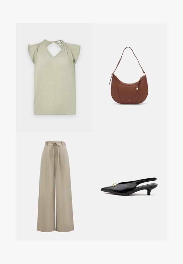 Top de manga corta, de color verde claro, con escote en V y detalle de abertura en la parte posterior. Hecho de una tela suave; presenta suaves volantes en los hombros.; Pantalones de pierna ancha beige con cinturilla ajustable, textura suave y detalles de pliegues, que ofrecen un ajuste fluido y relajado.; Zapato negro de charol con tacón bajo tipo kitten, puntera puntiaguda y un pequeño adorno redondo dorado en la parte superior.; Bolso de hombro de imitación cuero marrón con forma curva, costura mínima y un acento de hardware en tono dorado. Presenta un cierre de cremallera en la parte superior y una correa ajustable.