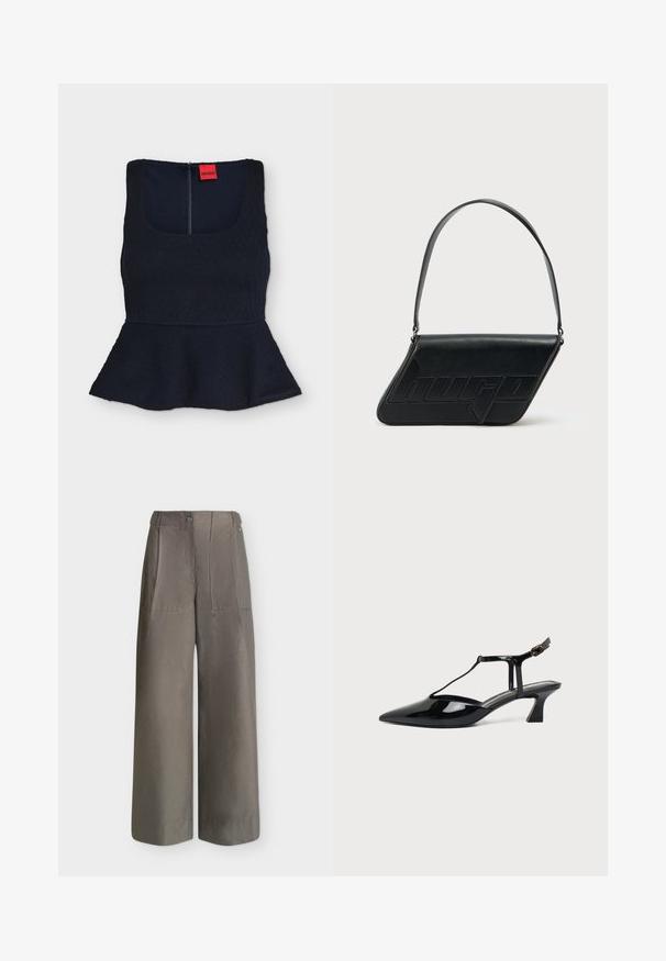 Haut sans manches noir à basque avec motif en losange texturé et encolure carrée, avec une étiquette de marque rouge Hugo visible à l'intérieur du col.; Pantalon taille haute à jambes larges couleur vert olive avec poches plaquées à l’avant et fermeture boutonnée à la taille.; Chaussure slingback en cuir verni noir à bout pointu avec bride en T et petit talon bloc incliné sur fond blanc.; Sac d'épaule en cuir noir de forme triangulaire, avec un logo embossé et une seule bandoulière réglable. Design minimaliste avec une texture lisse.