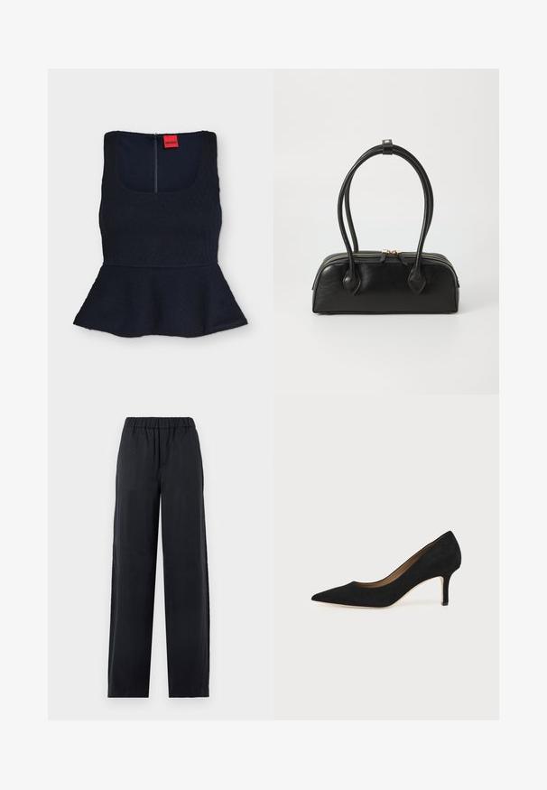 Haut sans manches noir à basque avec motif en losange texturé et encolure carrée, avec une étiquette de marque rouge Hugo visible à l'intérieur du col.; Pantalon noir à jambes larges avec taille élastique, fabriqué en tissu léger, présenté sur un fond blanc uni.; Escarpin en daim noir à bout pointu avec un talon stiletto fin de hauteur moyenne et un design à coupe basse sur un fond uni.; Sac à main en cuir noir avec deux anses allongées, fermeture éclair et forme arrondie ; texture lisse avec une finition légèrement brillante.