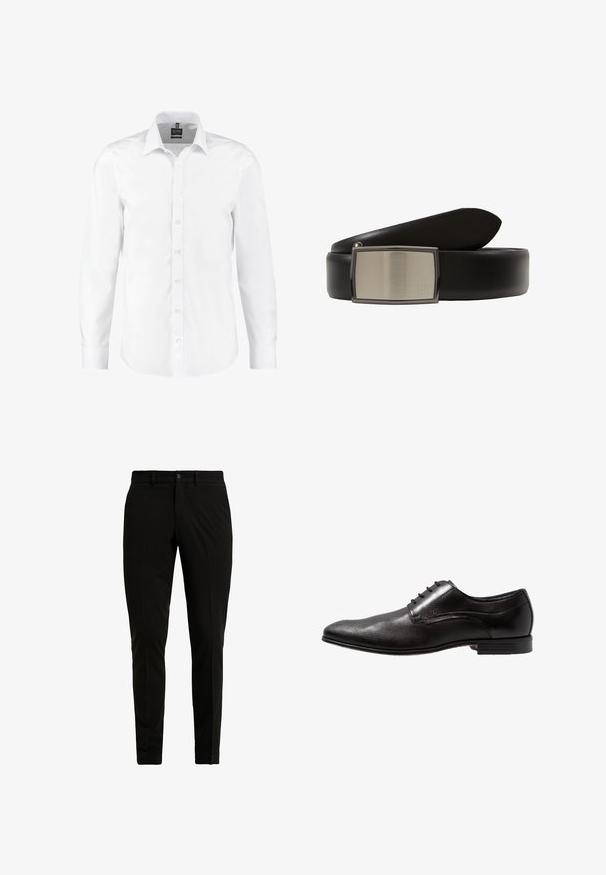 Chemise blanche à manches longues en tissu lisse, dotée d'un col classique, d'une fermeture à boutons sur le devant et de poignets avec un seul bouton. Sans motifs ni accents.; Pantalons tailleur noirs en tissu lisse, avec un devant plat, deux poches latérales et une fermeture à un bouton.; Chaussure noire avec un devant texturé, une tige en cuir lisse et six œillets pour les lacets. Silhouette épurée avec un talon bas.; Ceinture en cuir noir avec une large sangle et une boucle rectangulaire en métal brossé présentant une finition lisse et un petit logo.