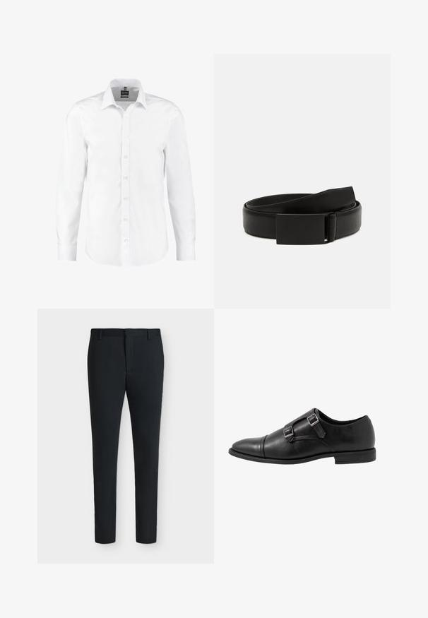 Chemise blanche à manches longues en tissu lisse, dotée d'un col classique, d'une fermeture à boutons sur le devant et de poignets avec un seul bouton. Sans motifs ni accents.; Pantalon de costume noir coupe slim avec passants pour ceinture, fermeture éclair à l’avant et sans poches visibles, présenté sur un fond blanc uni.; Chaussure monk strap en cuir noir avec deux boucles en argent, design à bout capteur, bout rond et semelle en caoutchouc de profil bas. Texture lisse, silhouette élégante.; Ceinture en cuir noir avec une texture lisse, dotée d'une boucle rectangulaire noire mate et d'un design classique et minimaliste.