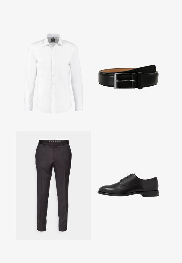 Weißes Langarmhemd aus glattem Stoff, mit klassischem Kragen, Knopfleiste und Manschetten mit einzelnen Knöpfen. Keine Muster oder Akzente.; Maßgeschneiderte schwarze Hose mit glatter Textur, strukturiertem Design und vorderen Falten. Sie hat ein gerades Bein und einen taillierten Bund.; Schwarze Lederschuhe mit glatter Oberfläche, runder Zehenform, sechs Ösen und niedrigem, gestapeltem Absatz. Einfaches, klassisches Design.; Schwarzer Leder-Gürtel mit einer silbernen rechteckigen Schnalle, die eine glatte Textur aufweist und auf der Innenseite mit einem kontrastierenden hellbraunen Futter versehen ist.