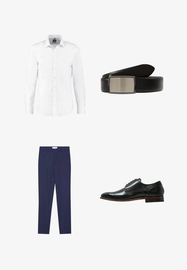 Witte langearmige shirt gemaakt van gladde stof, met een klassieke kraag, knopen aan de voorkant en manchetten met enkele knopen. Geen patronen of accenten.; Marineblauwe dresspants van gladde stof, met een flat front, twee zijzakken, een ritsgulp en een schone zoom zonder patronen of accenten.; Zwarte leren dresschoenen met een glanzende afwerking, ronde neus, vijf vetergaatjes en een houten gestapelde hak. Slank ontwerp met minimale stiksels.; Zwarte leren riem met een brede band en een rechthoekige, geborsteld metalen gesp met een gladde afwerking en een klein logo-detail.