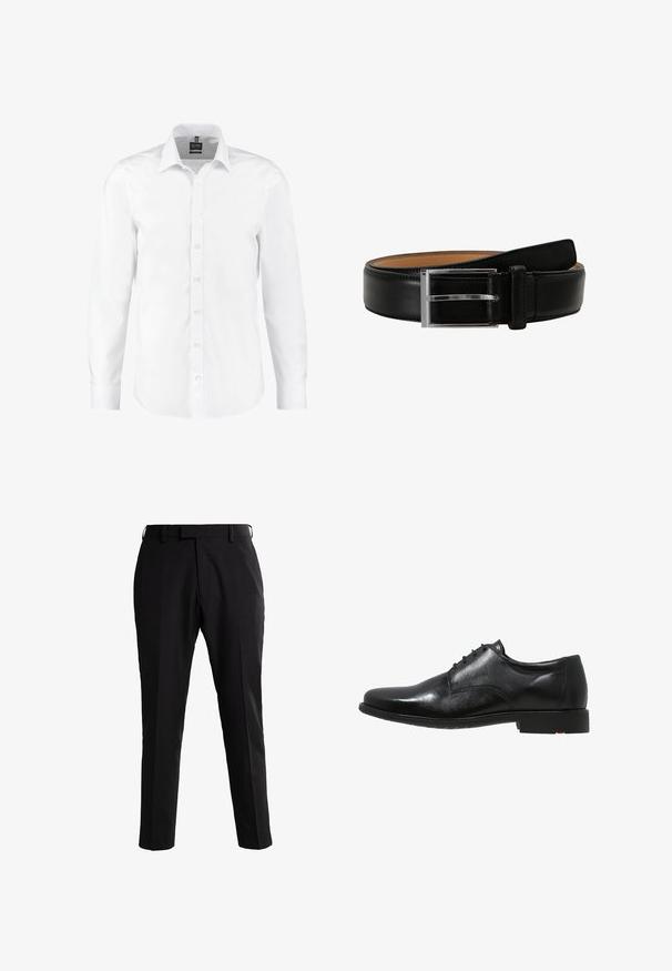 Hvid langærmet skjorte lavet af glat stof, med klassisk krave, knaplukning foran og manchetter med enkeltknapper. Ingen mønstre eller detaljer.; Next Trousers - Suit Trousers Slim Fit - Habitbukser - black; Sorte læderherresko med glat overflade, rund tå, fem-huls snøredesign og en lavprofil sort sål med rød accent.; Sort læderbælte med en sølv rektangulær spænde, der har en glat overflade og kontrasterende lys brun foring på indersiden.