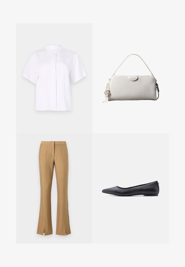 Lyhythihainen valkoinen paita, joka on valmistettu sileästä kankaasta. Paidassa on terävä kaulus ja nappilista, jossa on vihreä korostusnappi.; Beige leveät housut, joissa on etuhalkiot, valmistettu sileästä kankaasta. Ominaisuuksina litteä vyötärönauha ja terävät taitokset, jotka kulkevat jalkojen alas.; Musta kärjestään terävä, matalakorkoinen nahkainen tasapohjakenkä, esitetty sivuprofiilissa valkoista taustaa vasten.; Valkoinen suorakaiteen muotoinen Calvin Kleinin käsilaukku, jossa on yksittäinen kahva, minimalistinen muotoilu ja koristeelliset tupsut, joissa on geometrinen metalliriipus sivulla.