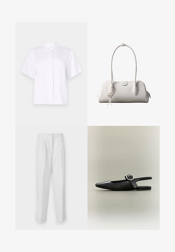 Chemise blanche à manches courtes en tissu lisse, dotée d'un col pointu et d'une patte de boutonnage avec un bouton d'accent vert.; Pantalons blancs ajustés à coupe droite, avec des plis avant, deux poches latérales et une taille épurée pour un look soigné.; Chaussure plate slingback noire à bout pointu, boucle argentée et petit talon sur fond neutre.; Sac à bandoulière blanc Calvin Klein avec longues poignées, forme rectangulaire, fermeture éclair et charm logo décoratif suspendu près de la poignée.