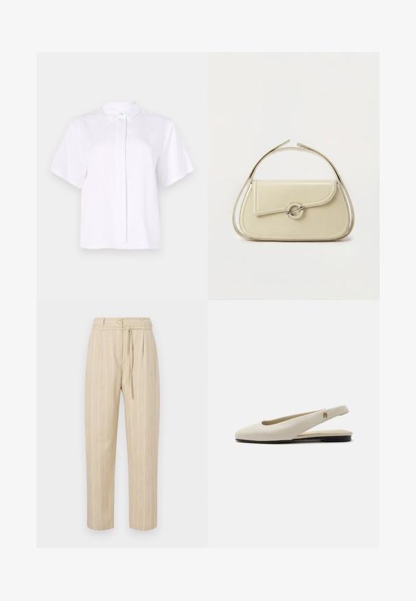 Chemise blanche à manches courtes en tissu lisse, dotée d'un col pointu et d'une patte de boutonnage avec un bouton d'accent vert.; Pantalon beige à rayures avec une coupe décontractée, présentant une taille cintrée, une fermeture à bouton et une ceinture à nouer, fabriqué à partir d'un tissu léger.; Chaussure plate slingback en cuir couleur crème avec un bout arrondi et un petit emblème doré sur la bride.; Sac à main en cuir crème avec rabat incurvé, fermoir circulaire en argent et poignée courte sur le dessus, sur fond blanc uni.
