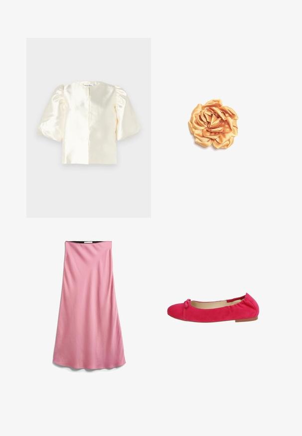 Ivoor satijnen blouse met pofmouwen, voorzien van een ronde halslijn en een rechte rugsluiting. Glad textuur met een minimalistisch ontwerp.; Roze satijnen midirok met een lichte A-lijnvorm en een gladde textuur, getoond tegen een witte achtergrond.; Fuchsia suède balletschoen met een ronde neus, elastische kraag en een kleine strikaccent op de neus; heeft een lage, platte hak.; Satin bloemenaccessoire in zachtgeel, met gelaagde bloemblaadjes met een gladde textuur en een natuurlijke rozenvorm op een witte achtergrond.