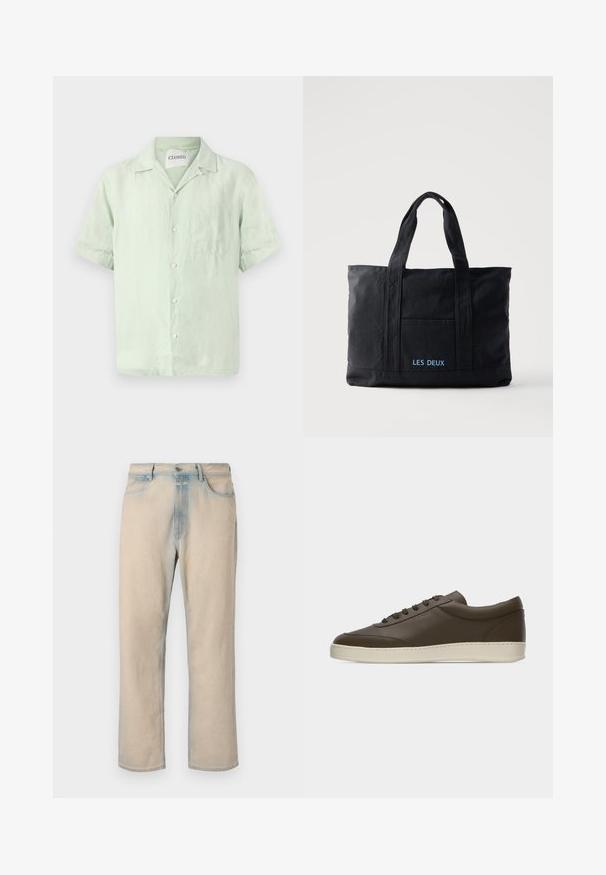Kurzärmeliges, hellgrünes Leinenhemd mit durchgehender Knopfleiste, Kragen und einer einzelnen Brusttasche. Sanfte Textur und lockere Passform.; Helle beige Jeans aus Denim mit geradem Bein, verblassten blauen Akzenten, fünf Taschen und einem Knopfverschluss an der Taille.; Dunkelbrauner Sneaker aus Leder mit niedrigem Schaft, Schnürung an der Vorderseite und kremfarbenem Gummisohlenrand, von der Außenseite auf weißem Hintergrund gezeigt.; Schwarze Canvas-Tragetasche mit zwei Henkeln, Fronttasche und „LES DEUX“ in Blau auf der Fronttasche bestickt.