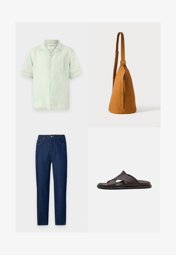 Kortærmet, lysegrøn linskjorte med knaplukning foran, krave og en enkelt brystlomme. Blød tekstur og afslappet pasform.; Les Benjamins Jeans Straight Leg - rinse wash; Stuart Weitzman BERKLEY - Slip-on sandaler - espresso; Tan læder crossbodytaske med justerbar rem og lodret lynlåslomme, vist fra siden mod en ensfarvet lys baggrund.