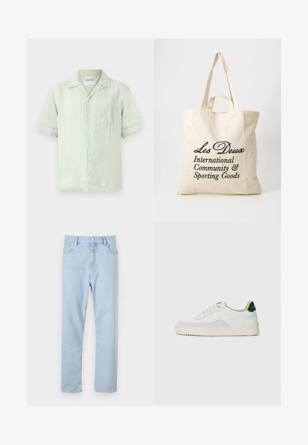 Kurzärmeliges, hellgrünes Leinenhemd mit durchgehender Knopfleiste, Kragen und einer einzelnen Brusttasche. Sanfte Textur und lockere Passform.; Hellblaue Jeans mit geradem Bein aus Denim, ausgestattet mit einem Knopf- und Reißverschluss, fünf Taschen und dezenten Verwaschungen im Stoff.; Weiße Sneaker mit Wildlederelementen, runder Zehenpartie, flachen Schnürsenkeln und einer cremefarbenen Gummisohle. Mit grünen Markenlogo am Fersenbereich.; Beige Baumwolltragetasche mit zwei stabilen Tragegriffen. Mit schwarzem Drucktext: "Les Deux International Community & Sporting Goods."