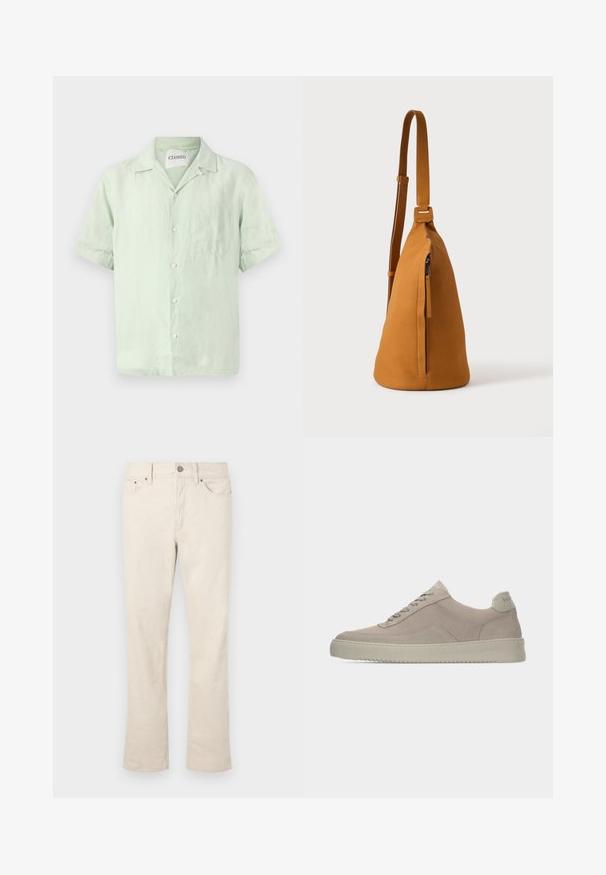 Kurzärmeliges, hellgrünes Leinenhemd mit durchgehender Knopfleiste, Kragen und einer einzelnen Brusttasche. Sanfte Textur und lockere Passform.; Beige Jeans aus Baumwollmischung mit geradem Bein. Sie verfügen über einen vorderen Knopf- und Reißverschluss, fünf Taschen und dezente Nähte.; Beige Wildledersneaker mit strukturierter Oberfläche, abgerundeter Zehenpartie und tonalen Schnürsenkeln. Verfügt über eine dicke Gummisohle und dezente Markenkennzeichnung an der Ferse.; Hellbraune Leder-Umhängetasche mit verstellbarem Trageriemen und vertikaler Reißverschlusstasche, von der Seite vor hellem, einfarbigem Hintergrund gezeigt.