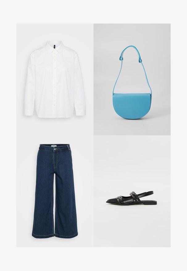 Weißes Hemd mit Knopfverschluss, das ein gepunktetes Muster in den Farben Blau, Pink und Grün zeigt. Klassischer Kragen, lange Ärmel und gerade Säume.; Weite Denim-Hose in Dunkelblau. Mit Knopfverschluss, fünf Taschen, heller Naht und glattem Material.; Even&Odd by Zalando Sling-Ballerina - black; Blaues, halbkreisförmiges Handtasche aus glattem Leder mit einem verstellbaren Tragegurt und minimalistischem Design. Die Oberfläche ist glänzend mit klaren Kanten.