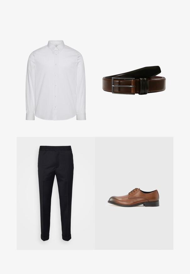 Camisa blanca de manga larga con botones, hecha de algodón. Presenta un cuello estándar, tapeta frontal con botones y dobladillo redondeado. Logo de la marca discreto.; Pantalones negros de tela ligera, con una cintura elástica, bolsillos laterales y puños enrollados. Textura suave con pliegues en la parte delantera.; Zapato de vestir marrón de cuero con cordones, suela negra, acabado liso y tacón bajo, mostrado de perfil izquierdo sobre fondo blanco.; Cinturón de cuero marrón con un acento de cuero negro, que presenta una hebilla de metal plateado. Textura suave y forma rectangular clásica.