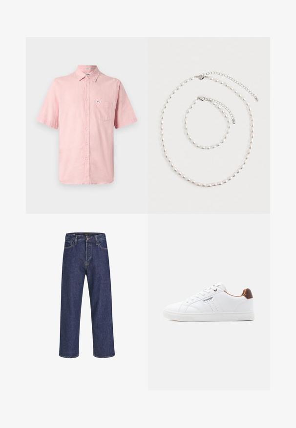 Kortærmet, knap-op skjorte i lyserødt linned med en frontlomme og et lille mærke på brystet. Krave-design.; Mørkeblå denimjeans med lige snit, fem-lomme design, metalknaplukning og kontrasterende syninger, der har en subtil tekstur.; Hvid lavtop-sneaker med hvide snørebånd, perforerede detaljer, "Wrangler"-logo på siden og brun hælaccents på ensfarvet baggrund.; Perle halskæde og matchende armbånd med sølv kæde låse arrangeret på en hvid baggrund.