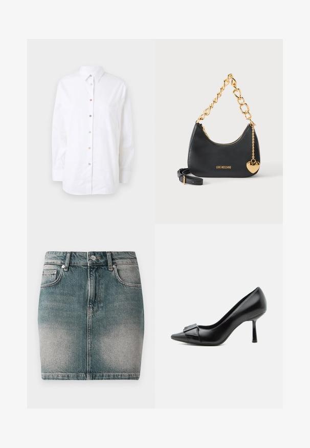 Weißes Langarmhemd aus Baumwolle. Hat eine Knopfverschlussfront mit farbigen Knöpfen, eine Brusttasche und einen klassischen Kragen.; Blaue Denim-Miniskirt mit vorderem Knopf und Reißverschluss, zwei Vordertaschen und einer ausgewaschenen Optik an den Oberschenkeln.; Schwarzer Lederschuh mit hohem Absatz, spitzer Schuhspitze und dekorativer Schnalle vorne, von der Seite auf weißem Hintergrund abgebildet.; Schwarze Moschino-Handtasche mit grobem goldenen Kettenhenkel, Schulterriemen und goldenem Herzanhänger auf weißem Hintergrund.