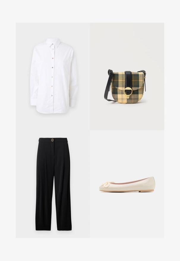 Chemise blanche à manches longues en coton. Elle possède un devant à boutons avec des boutons colorés, une poche poitrine et un col classique.; Pantalons larges noirs taille haute avec une fermeture à un bouton doré et des poches latérales, sur fond blanc.; Ballerines en cuir verni crème avec un bout arrondi et un nœud en corde décoratif à l'avant, dotées d'une semelle plate et d'une texture lisse.; Petite sacoche bandoulière à motif à carreaux jaune et vert, avec une sangle en cuir noir et un fermoir circulaire doré sur le rabat avant.