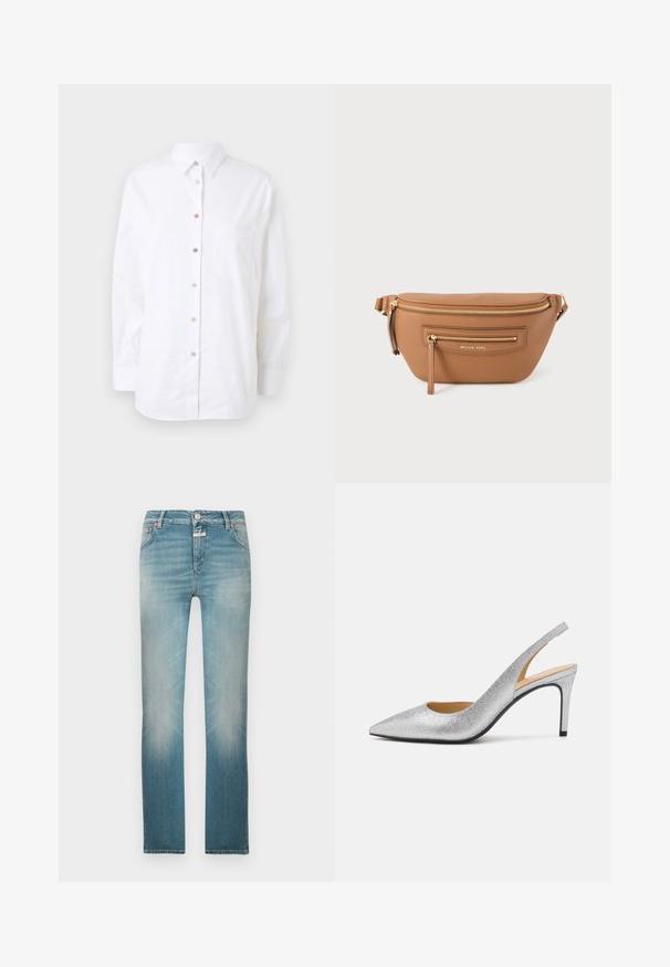 Hvid langærmet skjorte lavet af bomuld. Har en knap-front med farvede knapper, en brystlomme og en klassisk krave.; Lyseblå denimjeans med lige snit, falmet finish, fem lommer og en metalknaplukning i taljen.; Sølvglitrende slingback stilethæle med spids tå, en taperende hæl og en udskæring på siden. Glat tekstur og skinnende finish.; Brun læder Michael Kors bæltetaske med gyldne lynlåse og justerbar rem på hvid baggrund.
