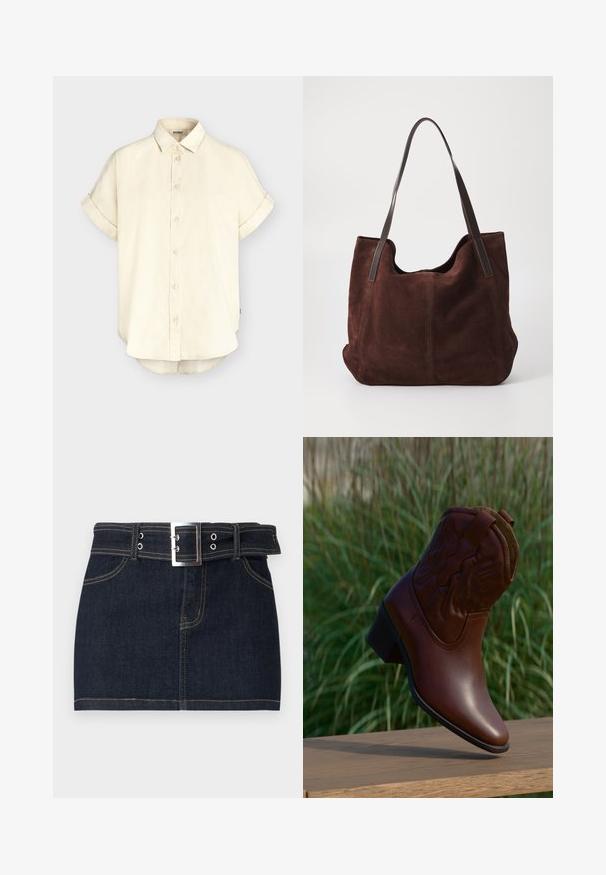 Chemise beige à manches courtes avec poignets retroussés, col classique et ourlet légèrement arrondi de la marque éco-responsable ECOALF.; Mini-jupe en denim bleu foncé avec poches avant, coutures apparentes et large ceinture avec une grande boucle argentée.; Botte de cowboy en cuir marron avec des coutures décoratives, inclinée vers le haut sur une surface en bois avec un arrière-plan flou d'herbe verte.; Sac fourre-tout en daim marron avec deux anses en cuir noir. Texture douce, haut arrondi et un intérieur spacieux. Aucun matériel ou embellissement visible.