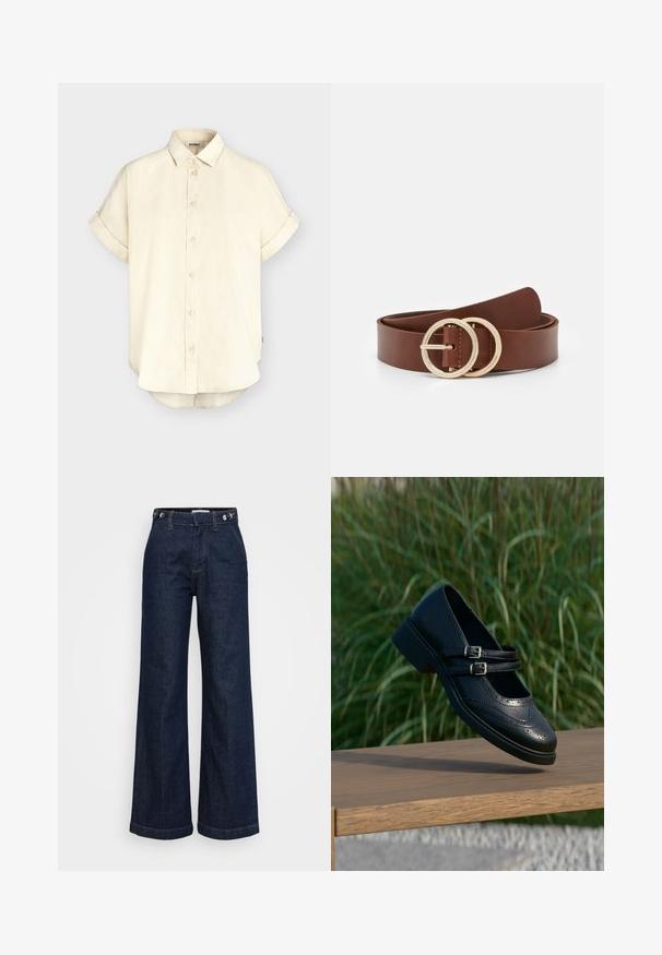 Chemise beige à manches courtes avec poignets retroussés, col classique et ourlet légèrement arrondi de la marque éco-responsable ECOALF.; Jeans évasés taille haute bleu foncé avec des réglages à boutons sur la ceinture, poches avant et fermeture à glissière.; Chaussure Mary Jane en cuir noir avec doubles brides bouclées et détails brogue, flottant au-dessus d'un banc en bois avec en arrière-plan de l'herbe verte.; Ceinture en cuir marron dotée de deux boucles circulaires en ton or, avec une texture lisse et un design minimaliste. La longueur et la largeur varient.